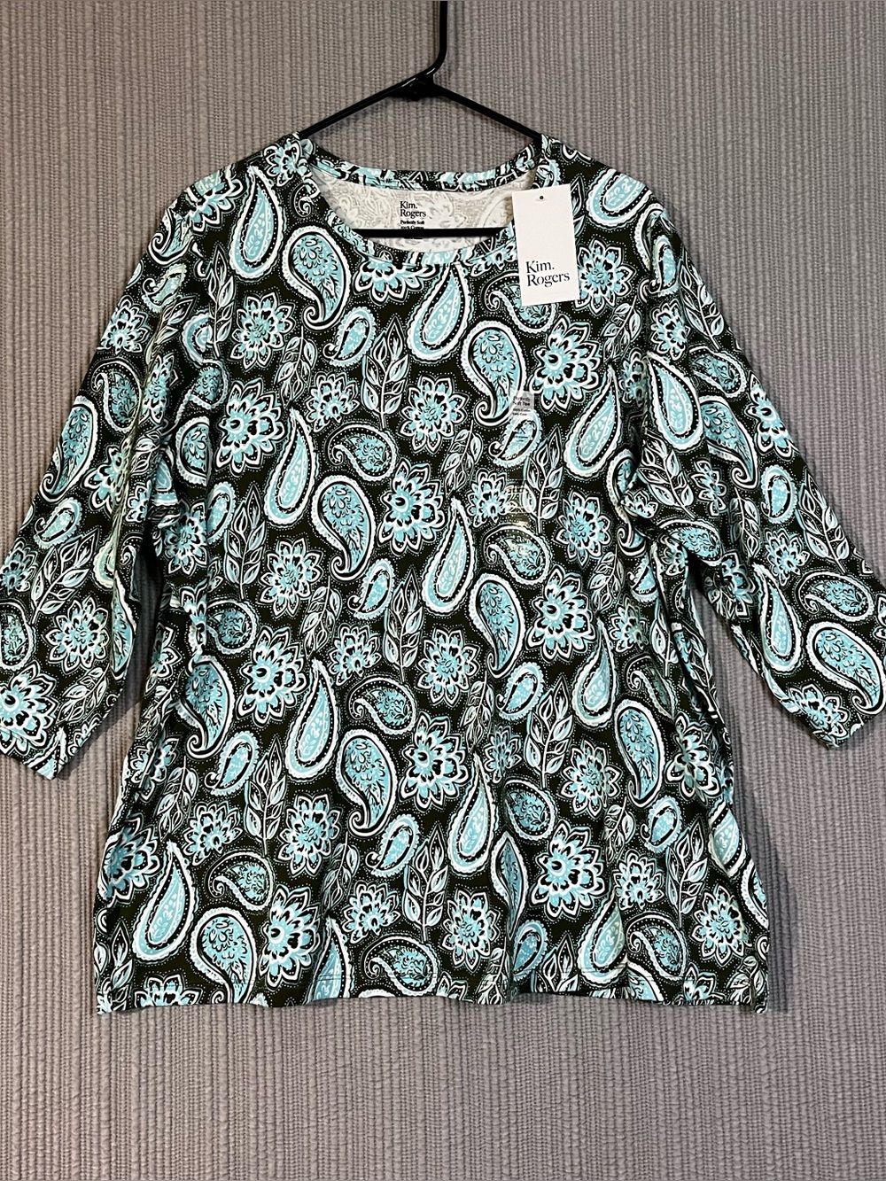 NEW Kim Rogers Perfectly Soft Cotton Shirt Olive Blue Paisley Womens Sz 2X